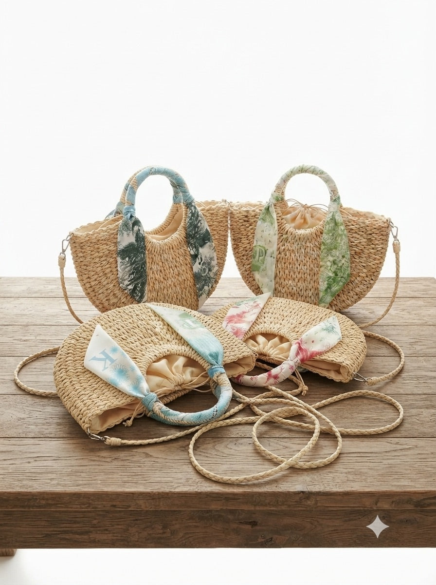 Borsa Rafia Manico Foulard